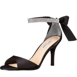 Nina Women's Black Satin Heels with‎ Rhinestone Strap